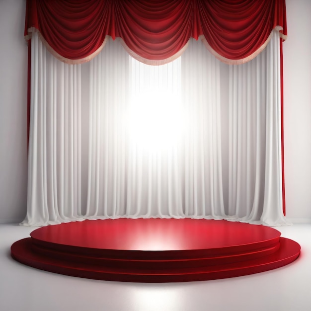 podium platform for product display with red and white cinema curtain