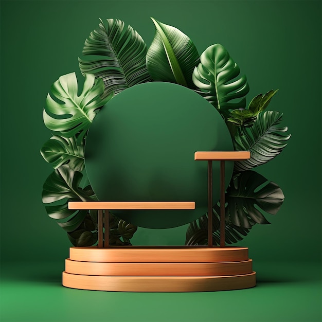 最小限の緑の背景に熱帯のヤシの葉を持つ表彰台プラットフォームの製品ディスプレイ