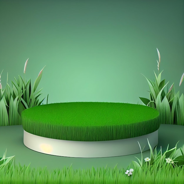 Podium or platform for product presentation display with green grass scene Generative AI