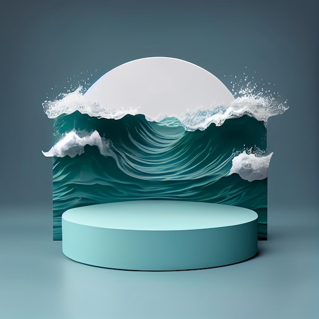 Podium or platform for product presentation display with sea or ocean scene Generative AI