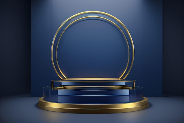 Podium podium cirkel glas donkerblauw goud display product 3d rendering