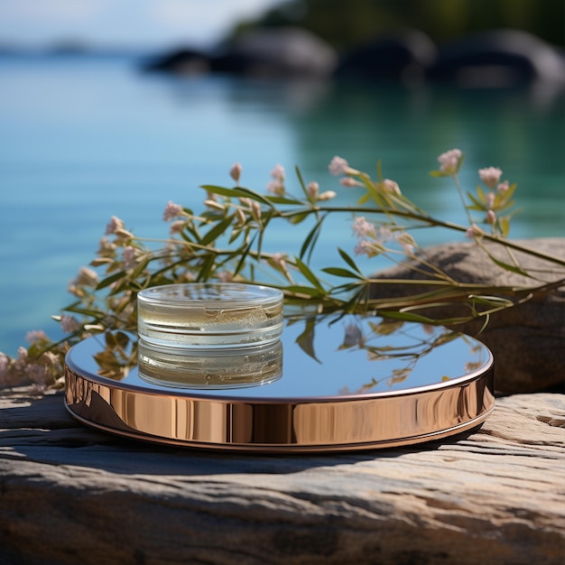 A podium positioned against a serene water background ideal for showcasing products