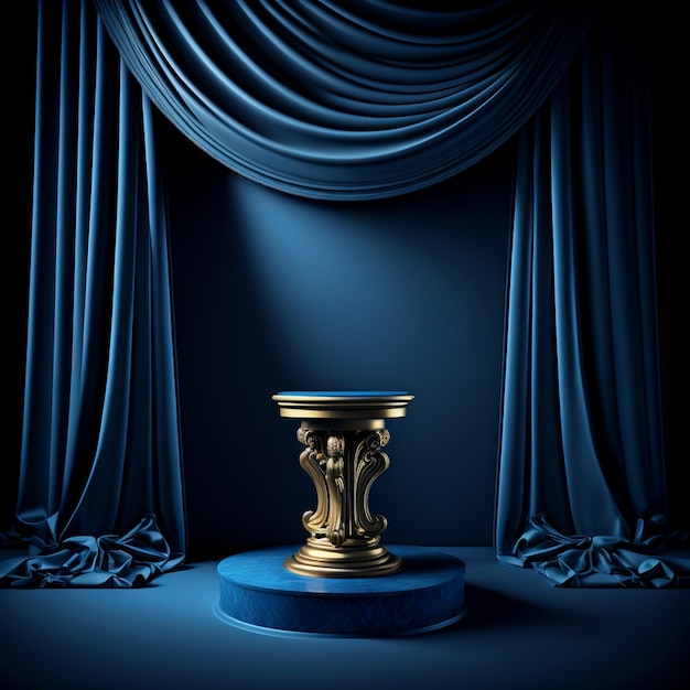 Photo podium for product advertisement or restaurant menus with blue background and curtains 3d illustrated