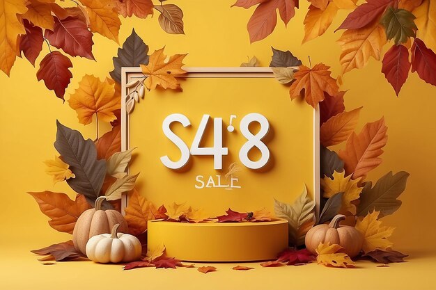 Photo podium for the product background of autumn leaves on a yellow background for an autumn sale banner advertisement postcard