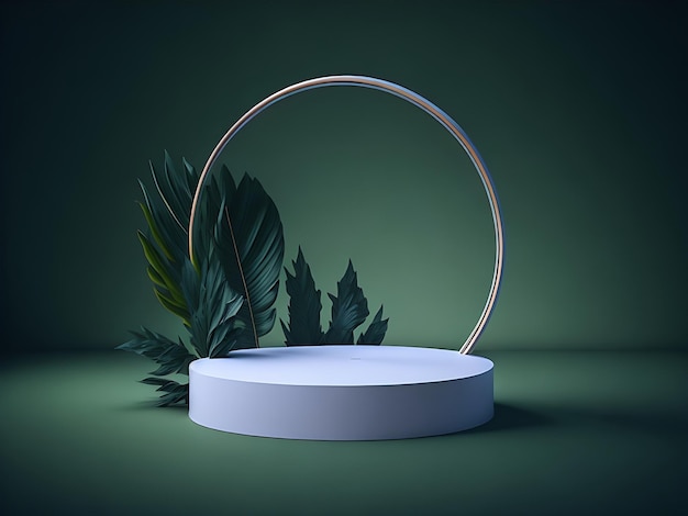 Podium product background display 3d mockup with tropical palm leaves and golden arch