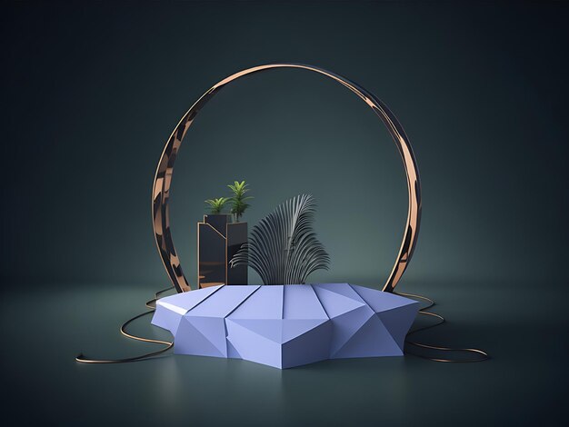 Podium product background display 3d mockup with tropical palm leaves and golden arch