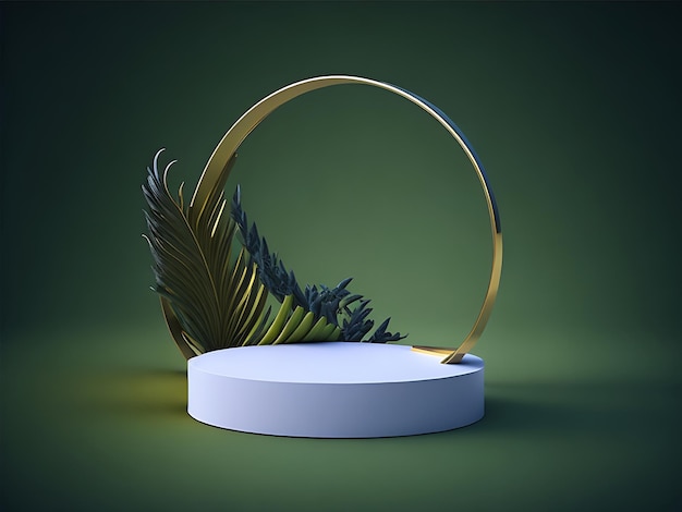 Podium product background display 3d mockup with tropical palm leaves and golden arch