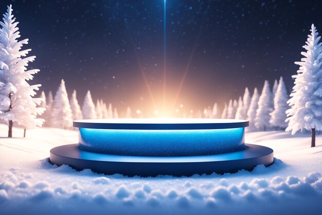 Photo podium product on blurred winter background or product presentation in luminous night mode