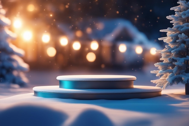 Podium product on blurred winter background or product presentation in luminous night mode