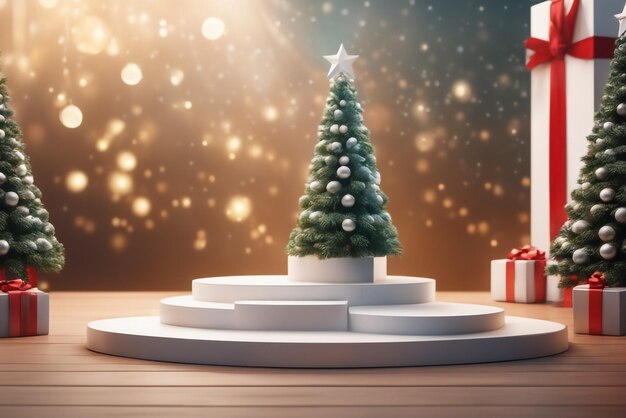 Photo podium for product display christmas background christmas tree christmas gift podium christmas