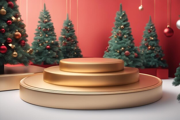 Photo podium for product display christmas background christmas tree christmas gift podium christmas