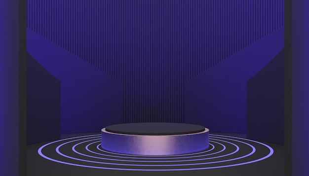 Podium for product display with technology space simulation on a blue dark background