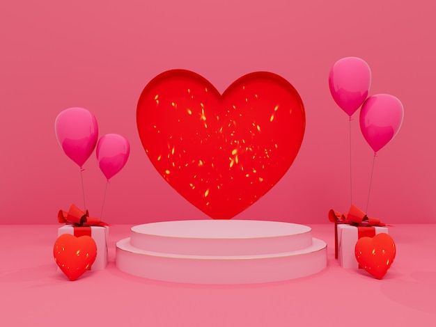 Foto podio per l'inserimento di prodotti con il rendering 3d della decorazione di san valentino