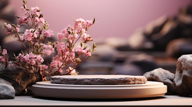 podium product stand or display with flowers blur background and cinematic light