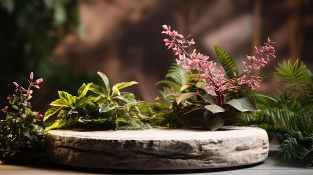 podium product stand or display with flowers blur background and cinematic light