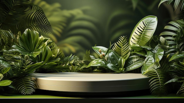 podium product stand or display with leaf green background and cinematic light