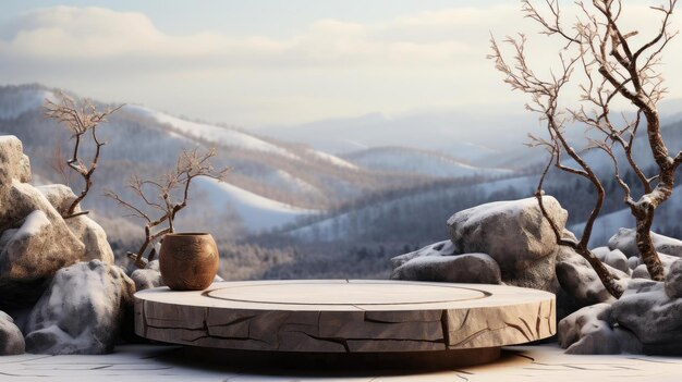 Podium product stand or display with rock snow sky background and cinematic light