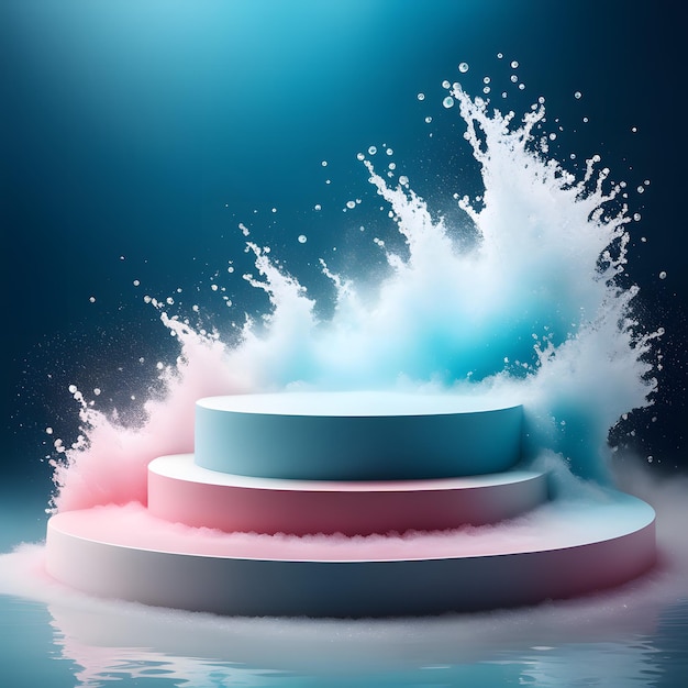 Foto prodotto podium con colore blu e rosa e spruzzo d'acqua