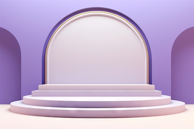 a podium on a purple stage backdrop in the style of light purple and light beige