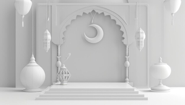 Photo podium ramadan islamic background with white lantern and crescent moon hanging on the white background
