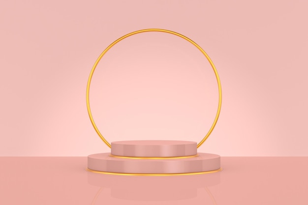 Podio e anello su sfondo rosa. illustrazione 3d