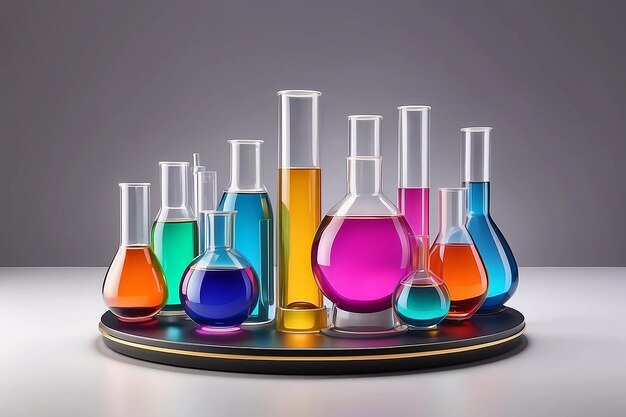 Podium in round shape for beauty product promotion Laboratory glassware filled with colorful liquid displayed