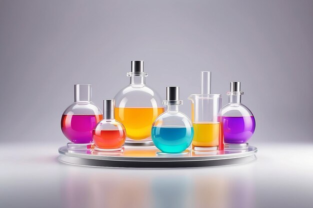 Podium in round shape for beauty product promotion Laboratory glassware filled with colorful liquid displayed