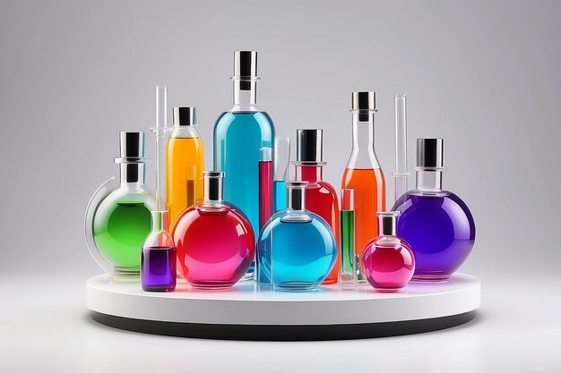 Podium in round shape for beauty product promotion Laboratory glassware filled with colorful liquid displayed