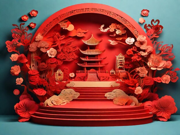 Podium round stage podium and paper art Chinese new yearChinese Festivals Mid Autumn Festival