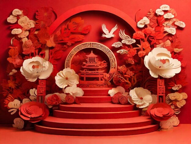 Podium round stage podium and paper art Chinese new yearChinese Festivals Mid Autumn Festival