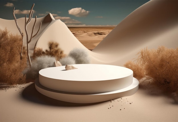 화장품 향수 fa의 배경에 차양과 그림자가 있는 모래 배경 디스플레이의 연단