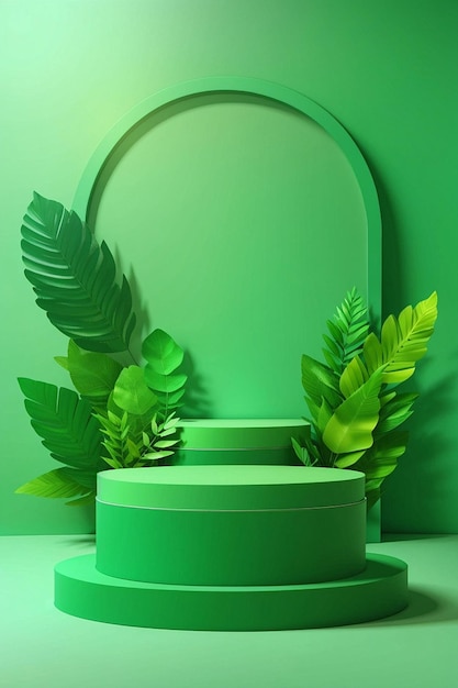 Podium scene 3d green background with green leaf platform Stage showcase on pedestal display green