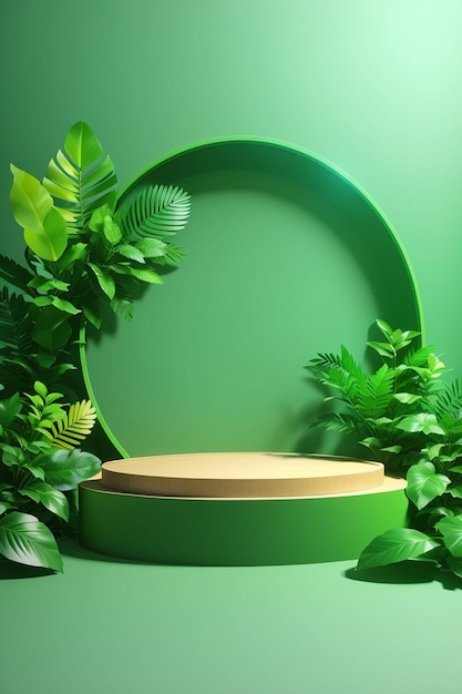 Podium scene 3d green background with green leaf platform Stage showcase on pedestal display green