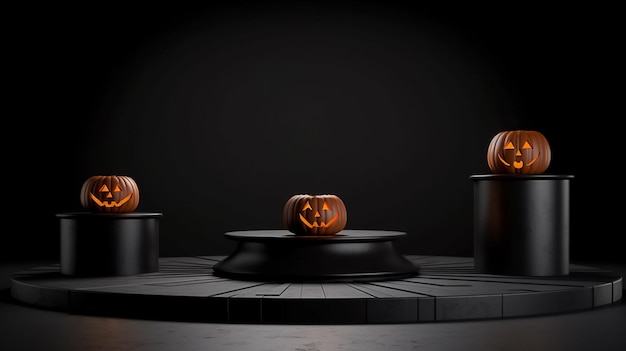 Сцена на подиуме для демонстрации продукта с тыквенными летучими мышами, жуткое пустое пространство в стиле Хэллоуина, созданное Ai