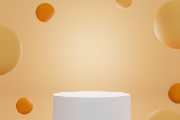 Подиум для установки и демонстрации изделий белой цилиндрической формы на оранжевом фоне и оранжево-желтых шарах - 3D визуализация.
