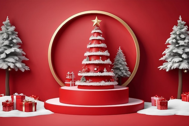 Podium shape for show cosmetic product display for christmas day or new years stand product showcase on red background with tree christmas vector design