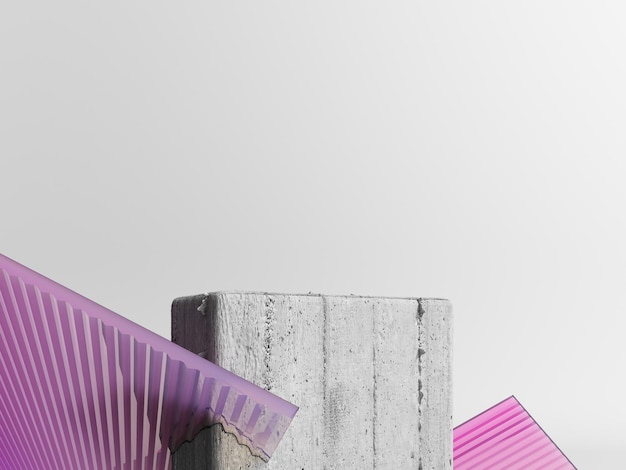 Podium showcase with color glass made of stone and cement 3d render Brutalist style stand