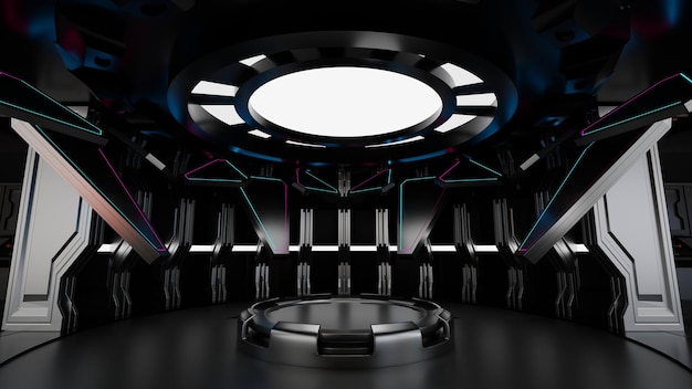 Podium in spaceship or space station interior Sci Fi tunnel stage for product present 3D rendering