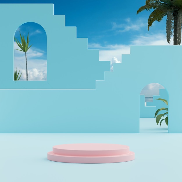 Cielo blu del palco del podio con il fondo degli alberi tropicali per il posizionamento del prodotto 3d render