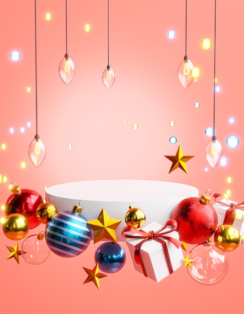 Podium Stage Box Cadeau Kerstbal Rood Blauw Goud Kerstverlichting Bokeh Sterren Roze Achtergrond 3D Render