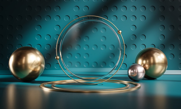 Photo podium stage circle glass sphere dark teal gold display product 3d rendering
