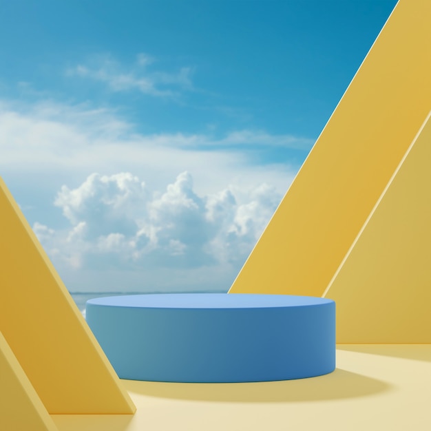 Podium stage stand abstract shapes on a yellow background blue sky and clouds