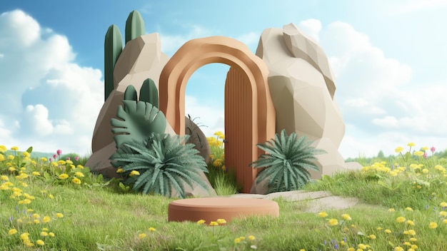 Podium stage stand on natural tropical background low poly style 3d render