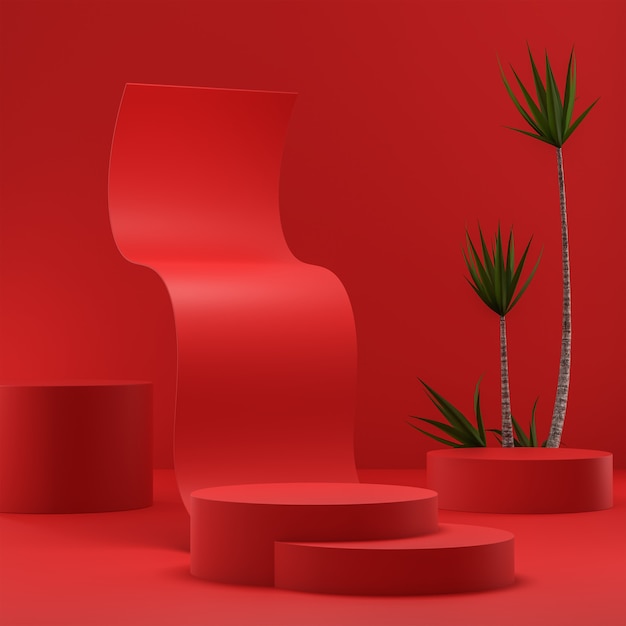 Podium stage stand for product placement tropical trees red abstract background