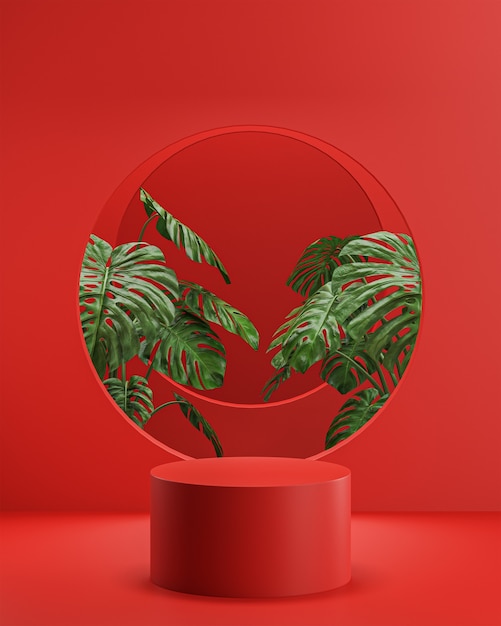 Podium stage stand for product placement tropical trees red background