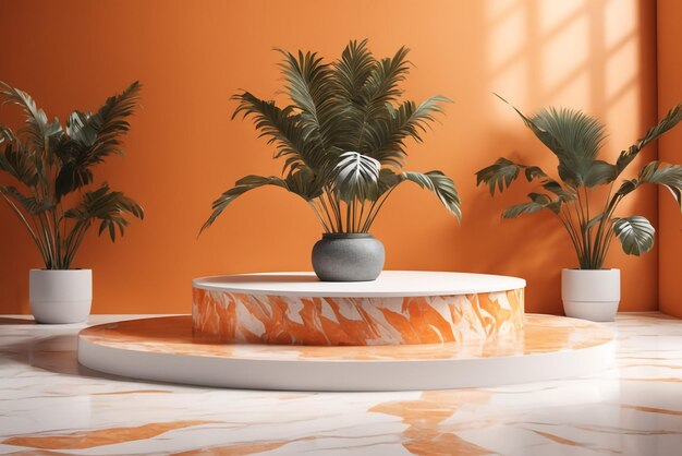 Podium stage stand on white and orange terrazzo marble with tropical palm trees for product