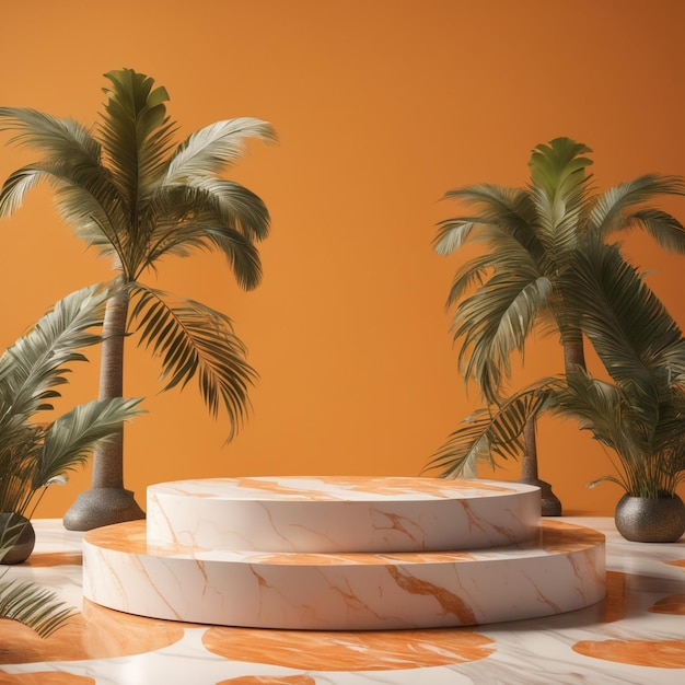 Podium stage stand on white and orange terrazzo marble with tropical palm trees for product