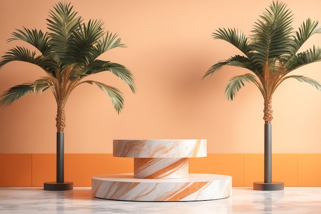 Foto podio su palco in marmo bianco e arancione con palme tropicali per il prodotto