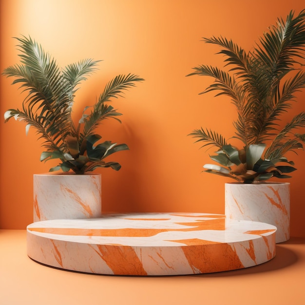 Podium stage stand on white and orange terrazzo marble with tropical palm trees for product