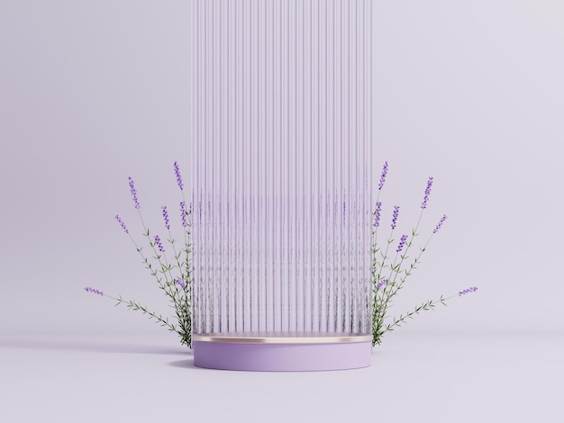 Podium stand display with lavender flowers on pastel purple background Showcase 3d render